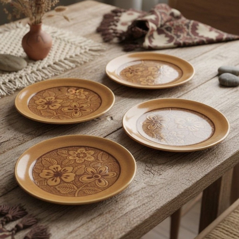 Homer Laughlin USA Plates Golden Brown Daisy Bread Plates Set of 4